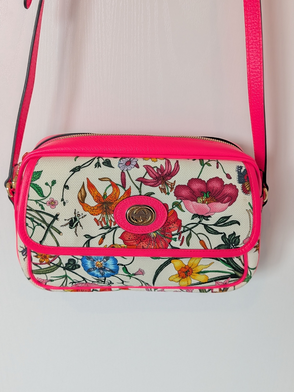 Gucci Pink Flora Canvas Shoulder Bag Small
